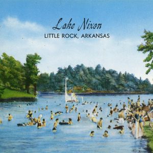 Postcard of people engaged in various recreational activities at lake shore and in lake shown under label of "Lake Nixon