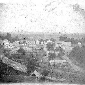 Overview of small town with buildings and trees