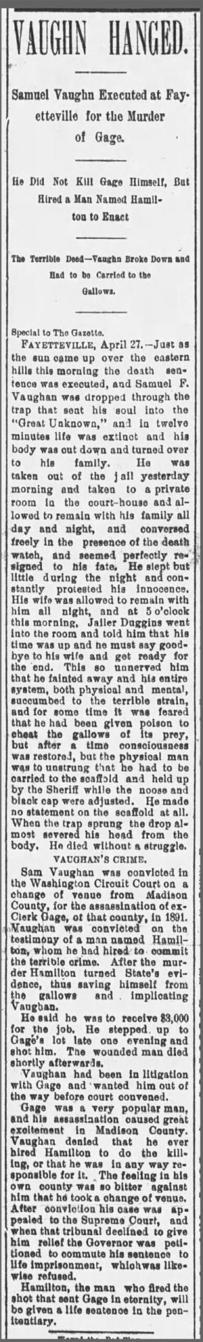 "Vaughn Hanged" newspaper clipping