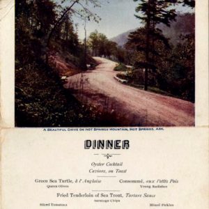 Restaurant menu with picture of curved hilly road with trees