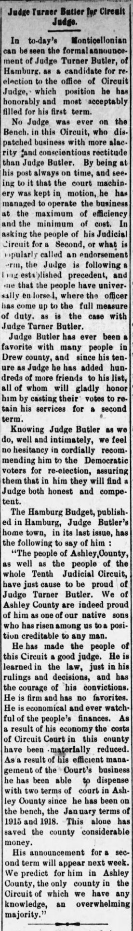 "Judge Turner Butler for circuit judge" newspaper clipping