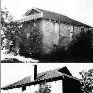 Two views of a single story concrete block building overgrown with weeds