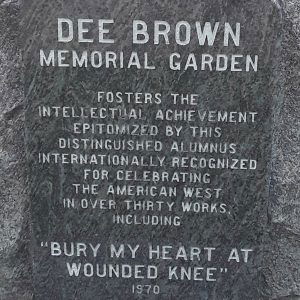 Plaque embedded in stone monument "Dee Brown Memorial Garden"