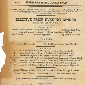 Hotel restaurant menu featuring "Elective Price Evening Dinner"