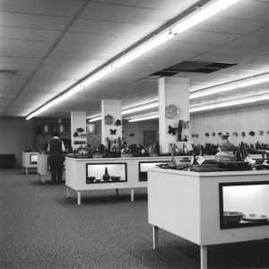 Room full of displays of pottery