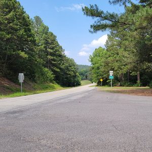 Rural highway intersection with trees along side of each road