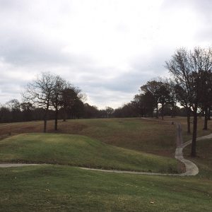 Golf course with overcast skies trees and walking paths