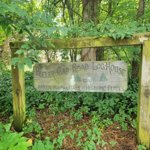 Carved wooden sign naming the house with a carving of a house and two trees on it