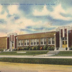 Single story brick building with two entrances and art deco details