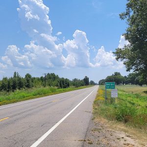 Road with trees on both sides and a sign saying "Des Arc"