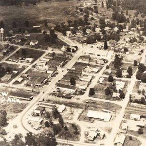 Small town with buildings and trees seen from the air