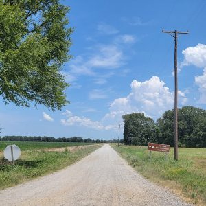 Rural gravel road with trees and flat land