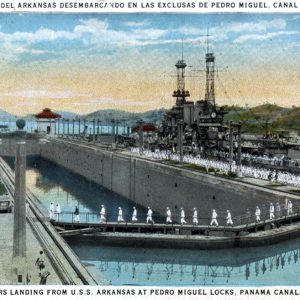 Large military ship in canal