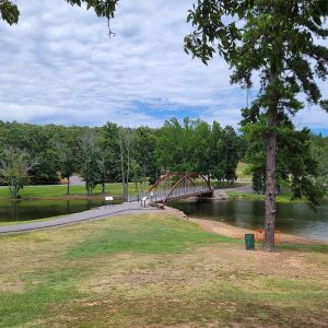 arched red bridge over water