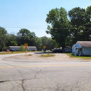 Small town street scene with buildings