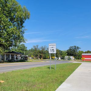 Small town street scene with house