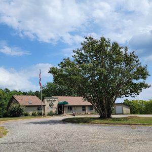 Tan wooden building with green awning and road circling around a tree