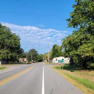 Highway entering small town with trees and houses on both sides