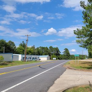 Small town street scene with a few buildings and trees