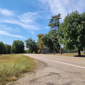 Small town street scene with a couple of houses and trees on both sides