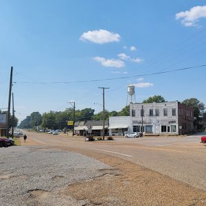 Small town street with businesses