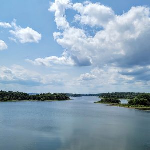 Lake with inlets and trees along the shoreline