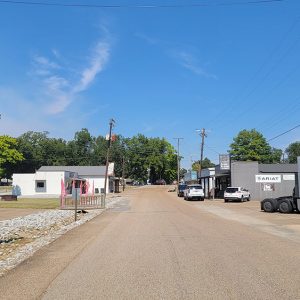 Small town street scene with business buildings