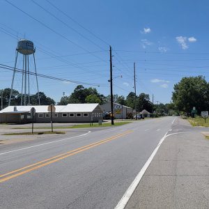 Small town street scene with buildings