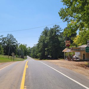 Country road going through tiny town