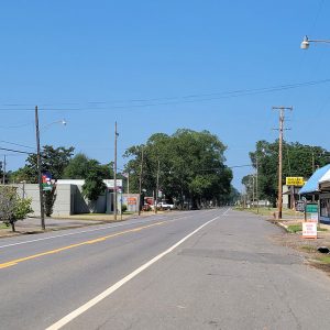 Small town street scene with buildings