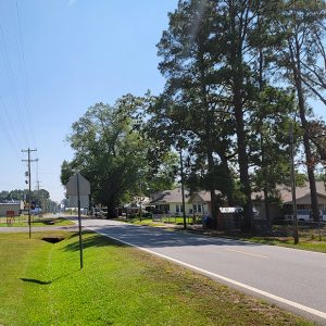 Small town street scene with houses and fence and trees