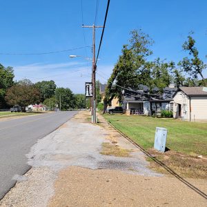 Small town street scene with houses lining street