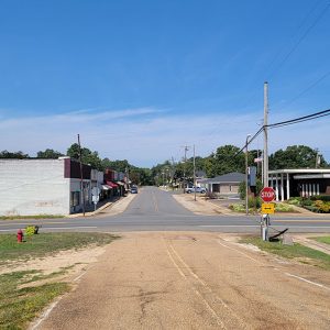 Small town street scene with houses and businesses lining street