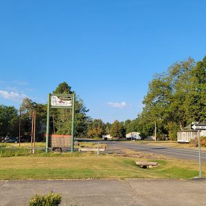 small town street scene with a few houses and a dilapidated sign