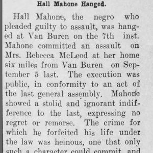 "Hall Mahone Hanged" newspaper clipping