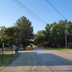 Small town street with houses on one side and a covered parking area with several vehicles on the other and trees in background