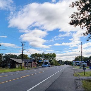 Small town street scene with traffic