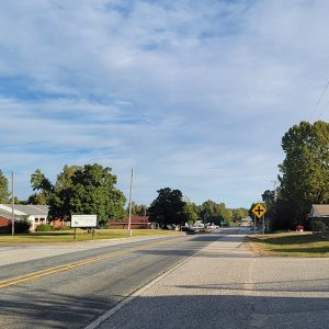 Small town street scene with businesses