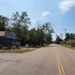 street with dilapidated building with old truck in front on one side and a couple of businesses on the other side interspersed with trees