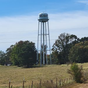 Cylindrical tower on legs with "Delight" printed on it with trees around