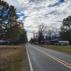 Rural road running amid trees and homes