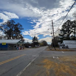 Rural road amid scattering of business buildings and signs for highways 310 and 107