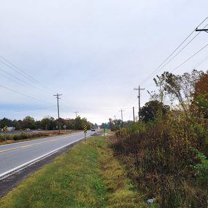 Country road with train tracks and houses on one side and trees on the other