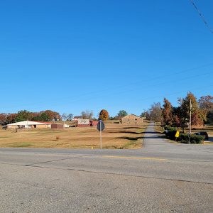 Small town street view of buildings on a hillside with trees behind