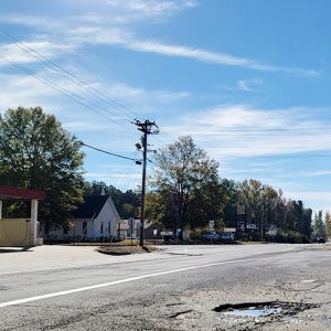 Small town street scene with businesses