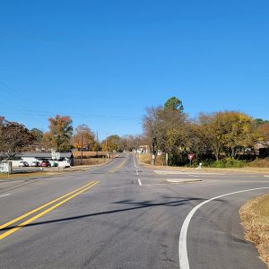 intersection at a small town with several buildings