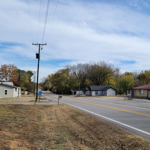 Small town street scene with businesses