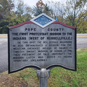 Metal sign with information about Native Americans "the first Protestant mission to the Indians"