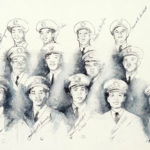 Drawing of thirteen African American men in military garb