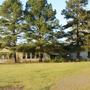 Single story decrepit concrete block school building behind trees